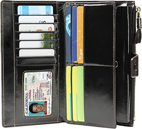 Image of Itslife Womens RFID Blocking Large Capacity Luxury Wax Genuine Leather Wallet Clutch Ladies Card Holder, Black