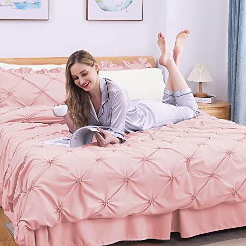 JOLLYVOGUE Pink/Ivory Full Size Comforter Sets 7 Pieces, Pintuck Bed in a Bag Comforter Set for Bedroom, Bedding Comforter Sets with Comforter, Sheets,Ruffled Shams & Pillowcases