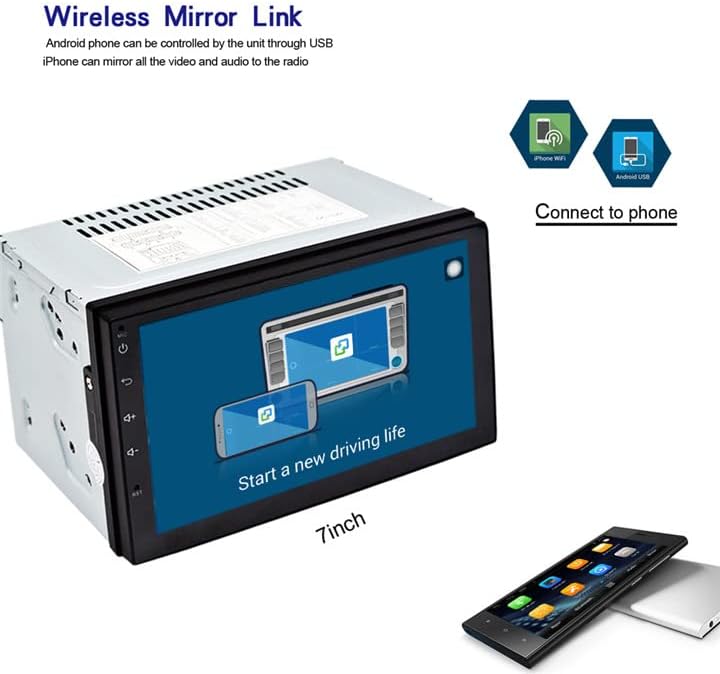 EZoneTronics Android Car Radio unit showing the 'Start a new driving life' screen for Mirror Link, with icons for Phone WiFi and Android USB connection, and a smartphone next to the unit.