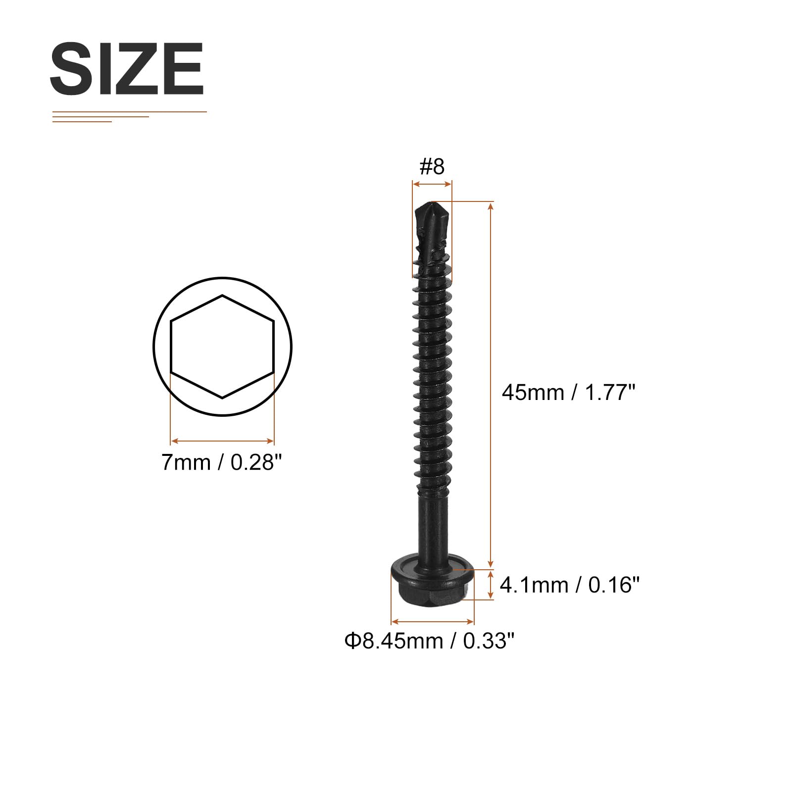 DTGN #8x1-3/4" Hex Washer Head Self Drilling Screws, 100Pack, Good for Machine, 410 Stainless Steel Black Oxide - Image 2