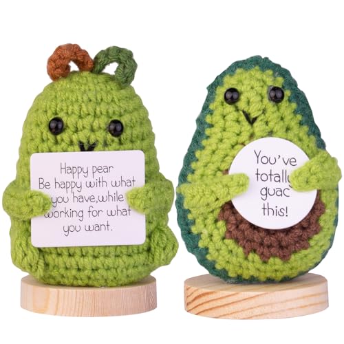 Image of Funny Positive Avocado 2 Pack Handmade Emotional Support Knitting Wool Pear Doll Gift with Wooden Base for Friends, Parties, Christmas Decoration and Encouragement(C11)