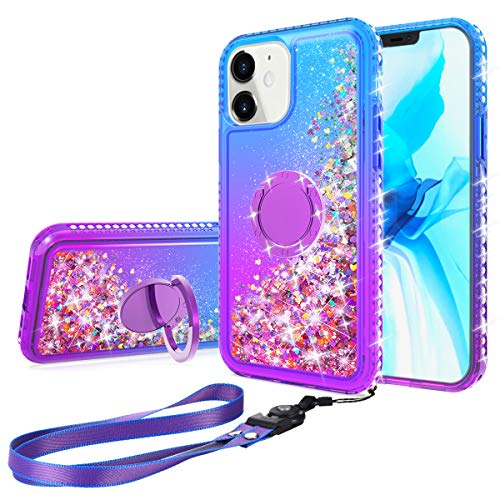 WORLDMOM Compatible with iPhone 12 Mini Case, Gradient Design Moving Liquid Floating Sparkle Bling Diamond Glitter Waterfall TPU Phone Case with Ring Kickstand 5.4 inch, Blue/Purple