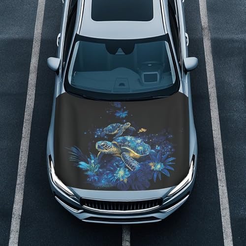 Image of Car Hood Cover Protector,Snowproof Waterproof Comfortable Print Polyester Hood Covers for Cars,Decoration Universal Car Accessories Blue Turtle