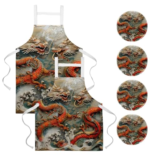Tablier de serveuse pour restaurant et bistrot avec motif de dragons anciens multicolores