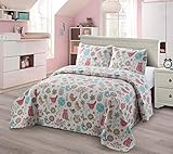 3pc Full/Queen Quilt Bedspread Set Kids/Teens Girls Multi-Color Owls Birds Leaves Flowers New