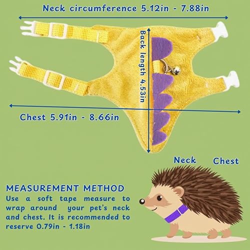 Image of Adjustable Hedgehog Leash and Harness with Safe Bell, Dinosaur Shaped Harness Leash for Training Playing, Hamster Clothes for Ferret Guinea Pig Hamster, Hedgehog Accessories (Yellow)