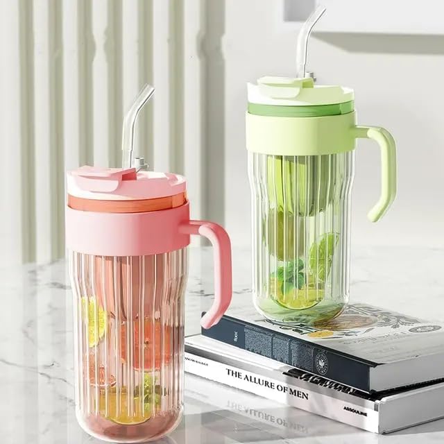 Image of 580ml Glass Tumbler with Infuser, Straw, Lid & Handle - Reusable Travel Water Sipper Mug for Juice, Cocktail, Iced Tea, Coffee - Hot & Cold Drinking Glass Cup - Pack of 1