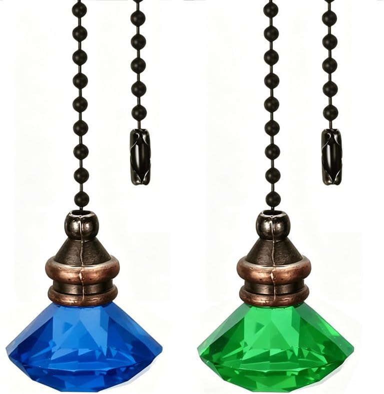 2pcs Crystal Diamond Ceiling Fan Pull Chain Ornament, 12" Ball Chain Blue & Green Fan Light Pulls Decorative Extension with Connector