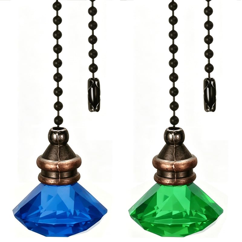 Image of Crystal Diamond Ceiling Fan Pull Chain Ornament, 12 inch Ball Chain Blue & Green Fan Light Pulls Decorative Extension with Connector