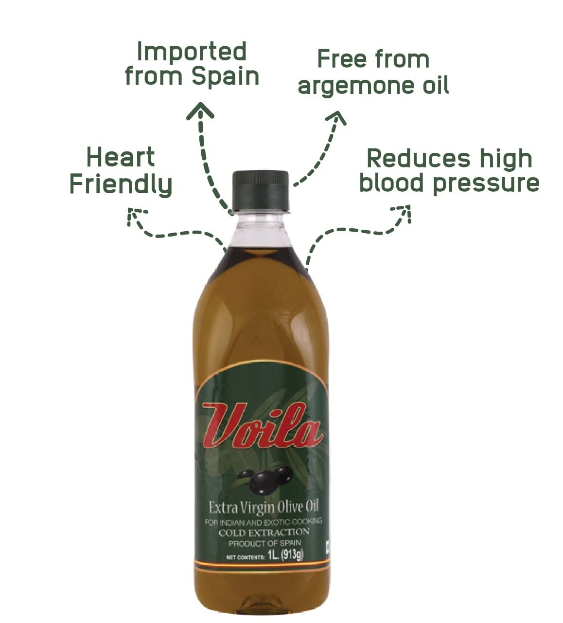 Voila Extra Virgin Olive Oil 1 Liter | Cold Extraction, Low in Saturated Fat, Premium and Light Taste | Imported from Spain For Cooking, Salads, & More | EVOO 1