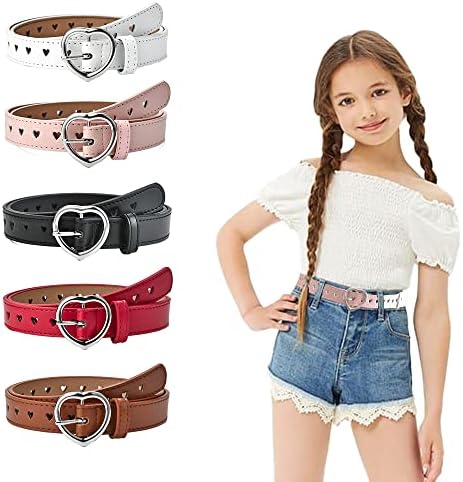 Meckerni 5 Pieces Girls Belt PU Leather Belts Cute Heart Shape With Metal Buckle Elastic Stretch Adjustable Waist Belt for Girls Jeans Dress