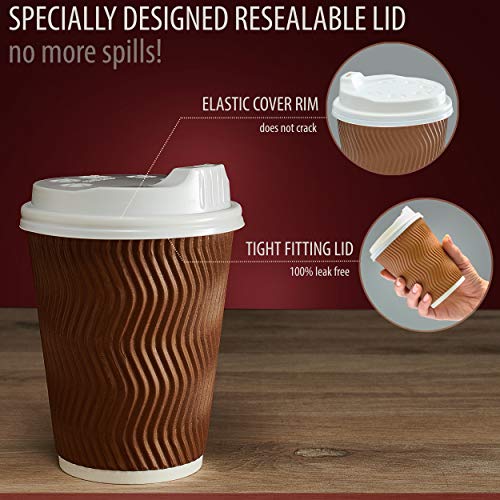 Insulated Disposable Coffee Cups with Lids & Straws 12 oz, 100 Packs - Paper Cups for Hot Beverage Drinks To Go Tea Coffee Home Office Car Coffee Shop Party (Brown) - Thumbnail 5