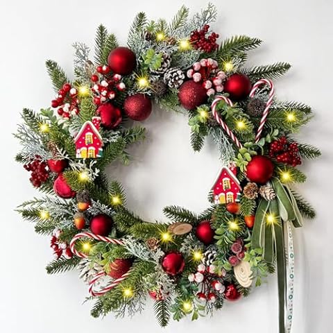 2 Pcs Christmas Wreath Decorations - 20" Christmas Wreaths for Front Door with Candy Canes Christmas Ball Ornaments, Pine Cones Berries & Bow, Christmas Door Wreath for Indoor Outdoor Wall Decor Cover