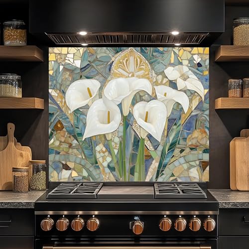 Tempered Glass Backsplash for Kitchen, Mosaic Calla Lily Design Glass Backsplash, Glass Backsplash for Kitchen Wall, Rustic Kitchen Backsplash, Easy to Install Stove Backsplash