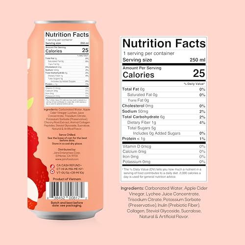 Image of Jans Sparkling Prebiotic with Collagen Soda Beverage - Lychee 8.4 Fl Oz (6-Pack) - Low Calorie, NO Added Sugar, Non-GMO Sparkling Fruit Beverage, Gut Health Support