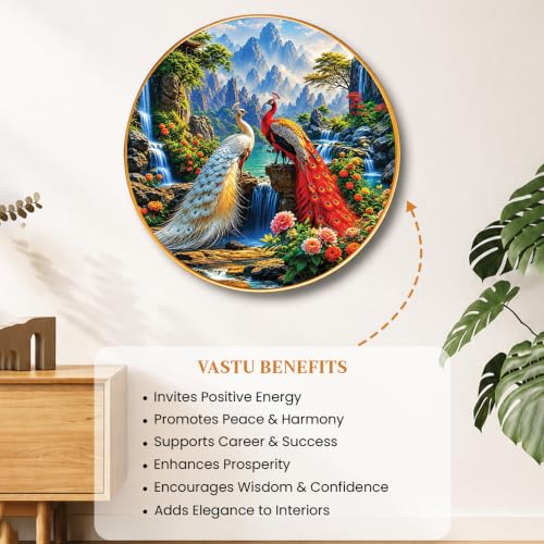 Image of PAINTINGMANTRA Pair of Peacocks Vastu Framed Wall Art Painting For Living Room, Waterfalls & Mountains Poster with frame for Wall, Decoration item for bedroom & Home, 23 Inch