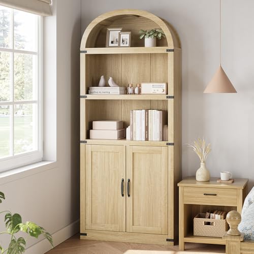 GarveeHome Bookcase with Doors Arched Bookshelf 71.65in Tall Bookcase Farmhouse Cabinet with Shelves Wooden Bookshelves for Home Office, Living Room (Light Oak)