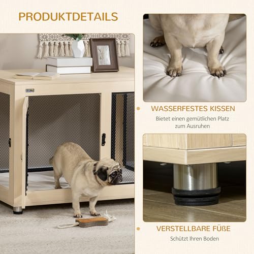 PawHut Hundekäfig Möbel mit 2 Türen waschbaren Kissen Moderne Stahl Hundebox für Zuhause Indoor Hundehütte für große Hunde bis zu 30 kg Hundehaus 94x60x71,5 cm Eiche