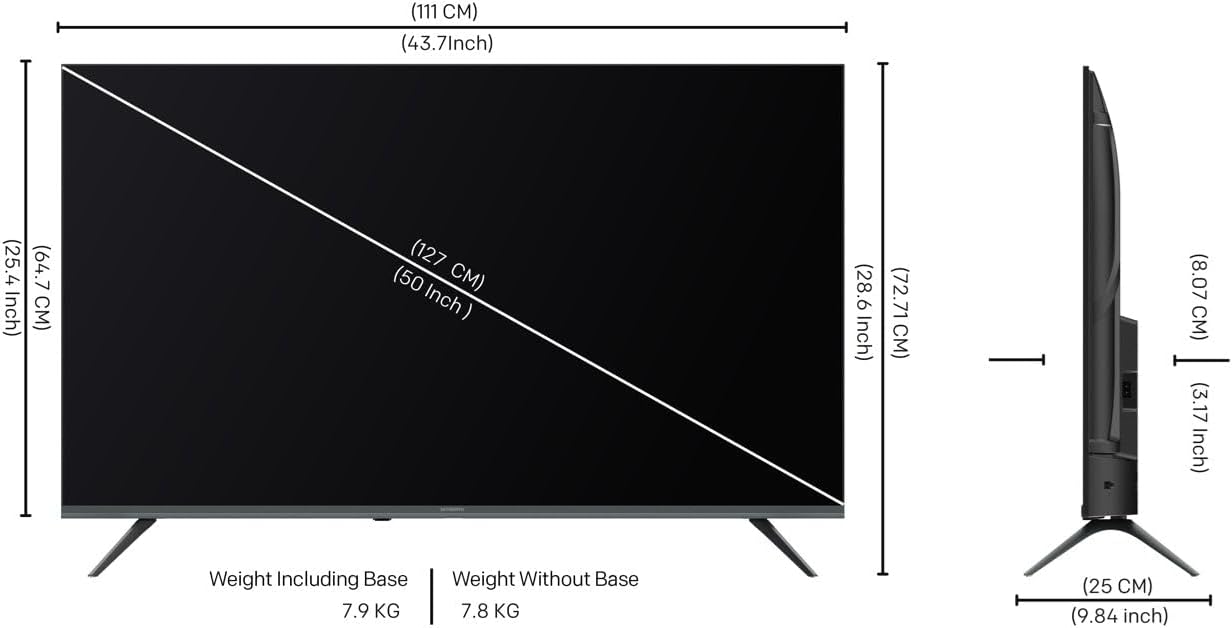 Diagram showing the dimensions of the SKYWORTH 50G6500G TV in centimeters and inches, including width, height, depth, and screen diagonal