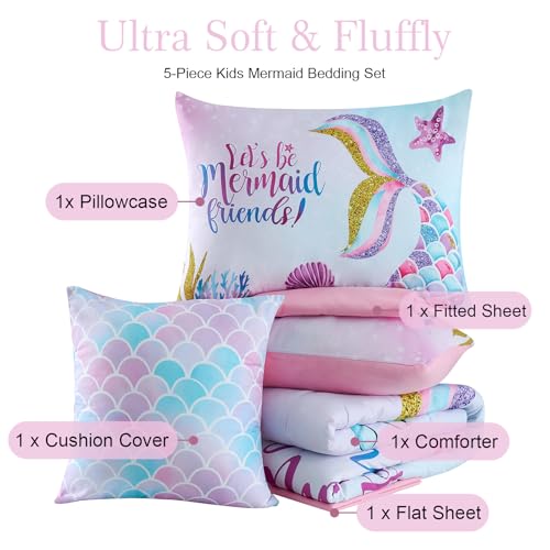 Image of Cokouchyi Twin Size Comforter Set for Girls, 5-Piece Bed in a Bag, 3D Colorful Mermaid Bedding Comforter Sheet Set, Ultra Soft and Fluffy, Mermaid