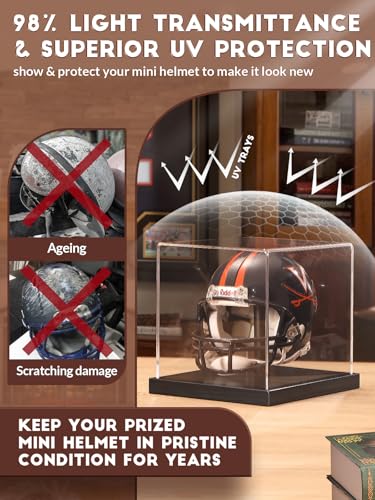 Image of JupDec Mini Helmet Display Case, Acrylic Clear 1 /2 Football Baseball Helmet Showcase, UV Protection Collectibles Box with Solid Wood Base & Riser, Ideal Gift for Sports Fans, Black,2 Pack