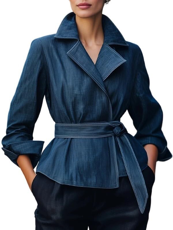 UOOZEE Womens Denim Wrap Jacket with Belt Lapel Collar Long Sleeve Trench Style Jean Shirt Casual Office Work