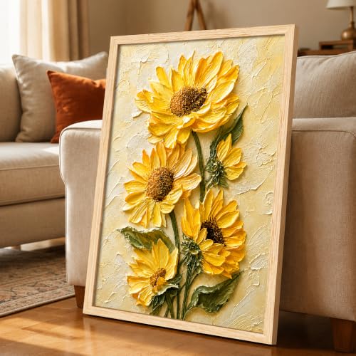 Image of PAINTINGMANTRA Textured Embossed Floral Framed Wall Art Painting for wall decoration, Abstract Vibrant Yellow Sunflower Motifs Poster with frame for living room, bedroom, office and Home, 10x13 Inch