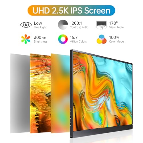 Image of Anyuse Portable 16.0 inch QHD 2.5K Laptop Monitor - USB C HDMI Gaming Ultra-Slim IPS Display w /Smart Cover & Speakers, HDR Plug&Play, External Monitor for Laptop PC Phone Mac Xbox PS5 /PS4 Switch