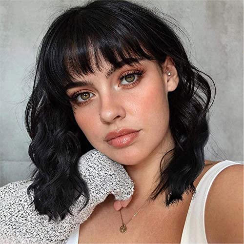 Lativ Short Black Wigs with Bangs for Women Wavy Synthetic Wig Curly Bob Wig Natural Looking Wigs for Daily Party Cosplay Use (1B)