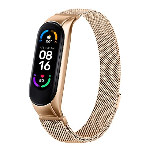 AK Correa para Xiaomi Mi Band 5 Xiaomi Mi Band 6,Metal Pulseras de Repuesto Inoxidable Acero Ajustable Correas para Mi Band 6 & Mi Band 5(Oro rosa)