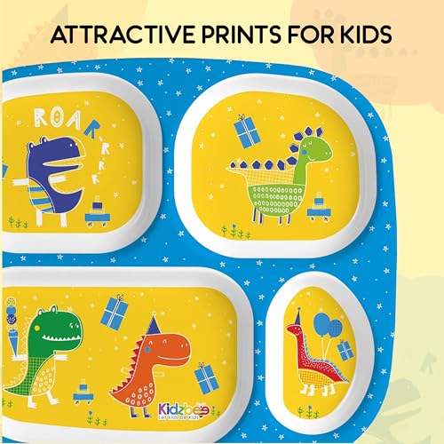 Image of Cello Kidzbee Quadmeal Dino Party Melamine Meal Set for Kids | BPA Free and Food-Grade Material | Attractive and Kidfriendly Designs | Break Resistant & Durable Set | Set of 3, Yellow