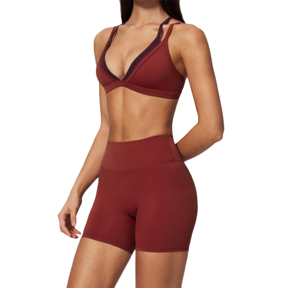 Reggiseno sportivo senza schiena shorts abbigliamento da corsa completo | Reggiseno sportivo scollo V a doppie spalline abbinato a shorts vita alta modellanti tessuto morbido elasticizzato