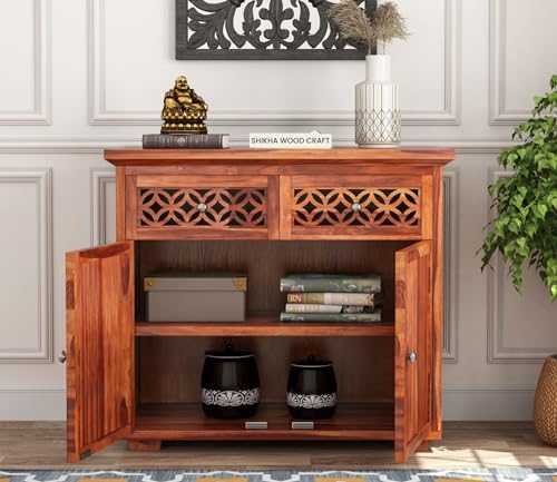 Image of SHIKHA WOOD CRAFT Solid Sheesham Wood Sideboard Cabinet With 2 Drawers and 2 Door Storage | Wooden Multipurpose Cabinet Storage Furniture for Living Room, Bedroom, Home, Kitchen (Natural Honey Finish)