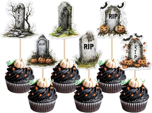 36 unidades de decoración para tartas de Halloween, lápida, cupcake, cementerio, tumbas, zombies, cruces, decoración para Halloween, temática, cumpleaños, fiestas, tartas