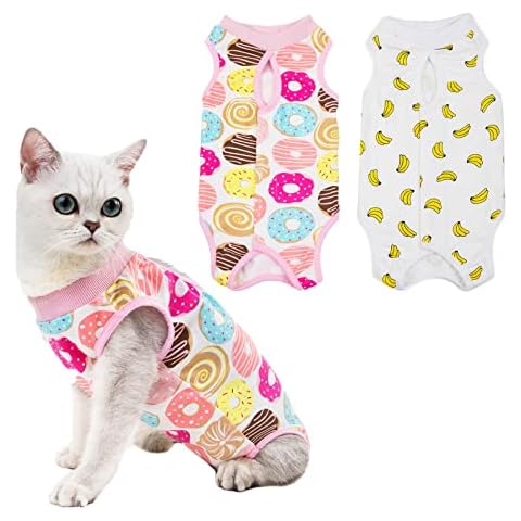 HACRAHO Cat Recovery Suit, 2 PCS Cat Surgical Recovery Suit Pet Cone E-Collar Alternative for Small Medium Pets, Banana and Donut, M Cover