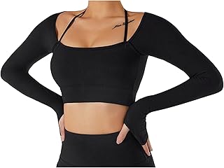 Women Summer Long Sleeves Workout Sportswear, Square Neck Wider Hem High Waist Fingertip Quick Drying Yoga Sports Top(S-Black)