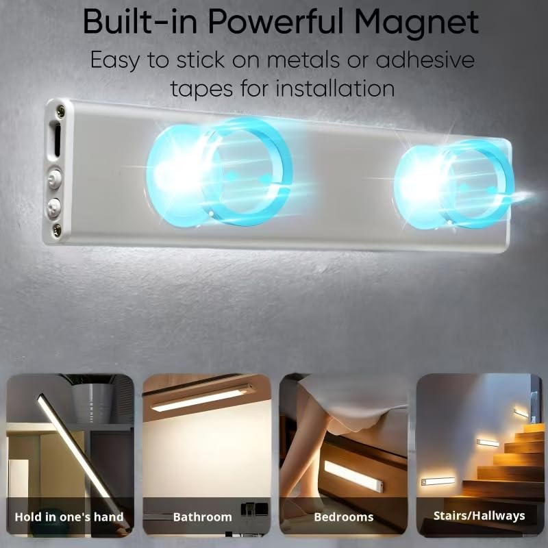Image of Magnetic Under Cabinet lighting 2 Pack, 12 inch Rechargeable - 3 Color Dimmable LED, Ultra Slim 1800 Battery Powered Motion Sensor light indoor Punch-free Smart Sensor Magnetic Rechargeable Led Light