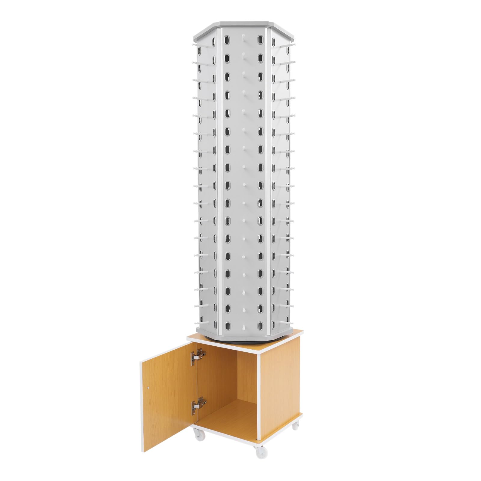 Estante Expositor para Gafas de Sol, Soporte de pie de Madera de 6 Lados para Gafas, Soporte para 102 Pares de Gafas, Giratorio 360°, con Armario de Almacenamiento y 4 Ruedas girat