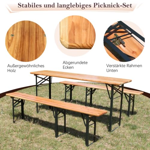 Set per panchina da birra con tavolo pieghevole, 3 pezzi, pieghevole, resistente alle intemperie, per terrazze e campeggio, legno di pino, 177 x 46 x 78 cm