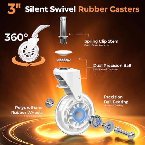 Image of Office Chair Wheels for Casters Replacement - 3 inch Rubber Wheels for Computer Gaming Desk Caster Smooth & Safe Rolling for All Floors Including Hardwood and Carpet - Set of 5 - White