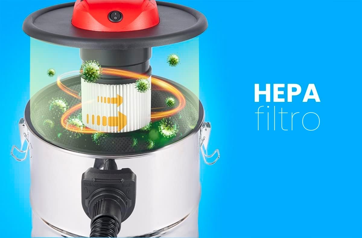 LEHMANN Aspiradora Industrial 3 en 1, 2000W, Aspirador de Cenizas con Depósito de 20 litros de Acero Inoxidable, Filtro HEPA, Sistema de Filtración Doble, Función Soplador, Alcance de hasta 6 m