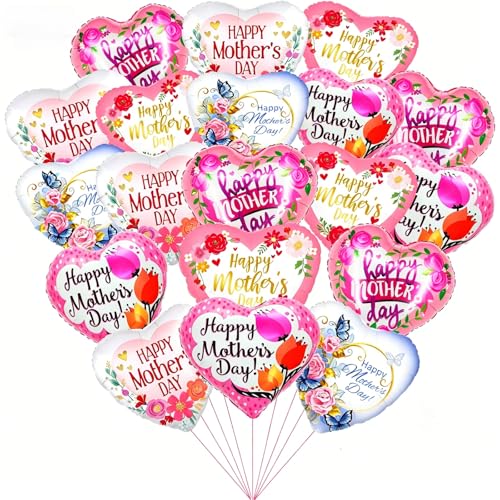 KIPETTO Happy Mothers Day Balloons 20Pcs 18inch Aluminum Foil Balloons Heart Balloons for Mothers Day Birthday Party Decorations