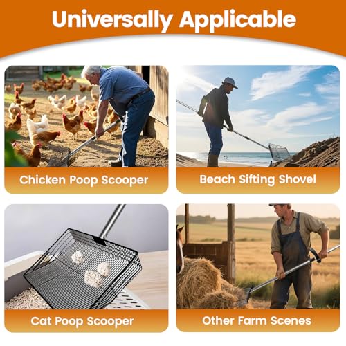 Image of 15 inch Extra Large Chicken Poop Scooper with Ergonomic Grip,5-in-1 Heavy Duty Adjustable Coop Scoop for Poop (24 to 68 inch), Stainless Steel Sifting Litter Shovel Scoop for Chicken Coop