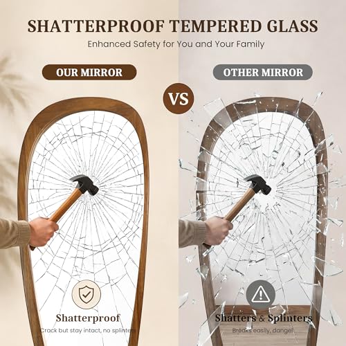 Image of Irregular Wall Mirror Full Length,60 inchx22 inch Large Asymmetrical Mirrors with Solid Wood Frame, Mid Century Modern Mirror Odd Shaped for Living Room, Entryway Hall, Bathroom(Natural Wood)