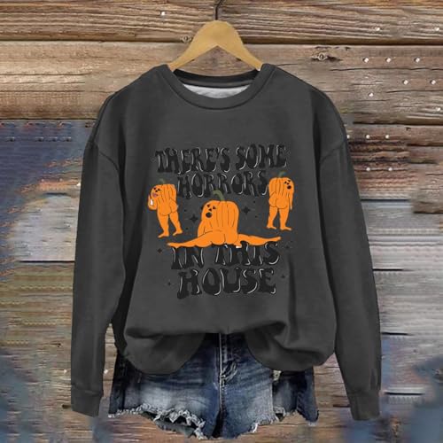 Moletom feminino divertido de Halloween com estampa de abóbora garáfico de manga comprida e gola red