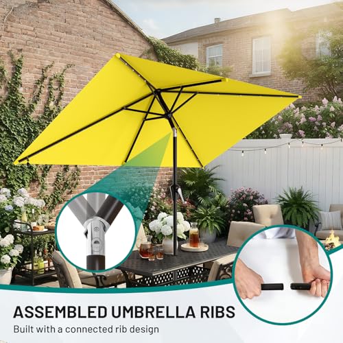 Image of AreShark 6.5' x 10' Rectangular Patio Umbrella with Solar Lights, Solar Powered Lighted Market Umbrella w /Tilt and Crank, Outdoor Table Umbrella for Garden, Deck, Backyard, Pool and Beach, Yellow
