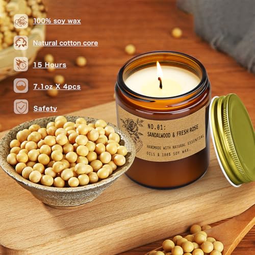 Large 7 oz Scented Candle Gift Set, 10% Essential Oils Soy Wax Candles in Vintage Amber Jars, Aromatherapy 4-Pack – Sandalwood Rose, Lavender – Luxury Holiday Gifts for Women, Organic Soy Wax - Image 3