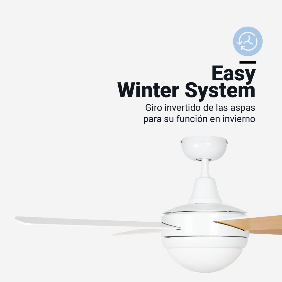 UNIVERSALBLUE Ventilador de Techo Blanco Silencioso con Luz | Ventilador Aspas Reversibles Blanco Madera | Motor Eficiente | Mando a Distancia Control Remoto | Temporizador | Diámetro 106 cm