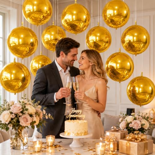 Image of 14 Pcs Gold Round Foil Balloons 22 /15 /10 4D Ball Balloons Metallic Golden Balloon Ornament Mylar Balloon Chrome for Graduation Birthday Wedding Anniversary New Year Disco Party Decorations