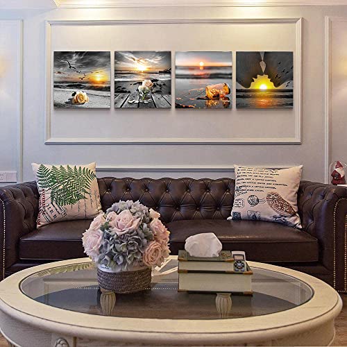Yxbhhym-Wall Art Bedroom Rose Picture Black And White Beach Wall Décor Gold Sea Sunrise Canvas Print Ocean Poster Seascape Painting Romantic Couples Artwork Bathroom Wall Art For Living Room Décor #TOP6